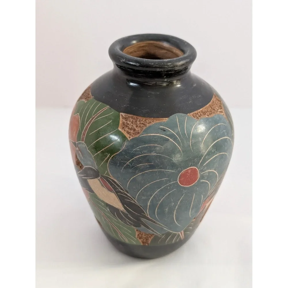 Vintage Folk Art Pottery Vase Bird Butterfly Flowers Black Clay Sgraffito